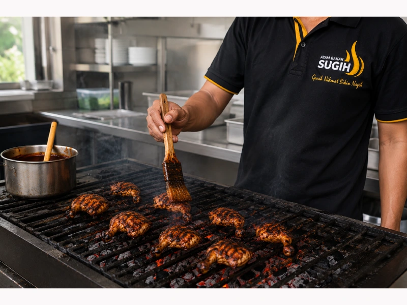 Proses pembakaran ayam bakar Sugih di Jatiasih menggunakan bumbu khas turun-temurun