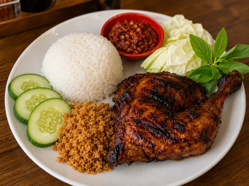 Ayam bakar bumbu khas Sugih disajikan dengan pilihan sambal