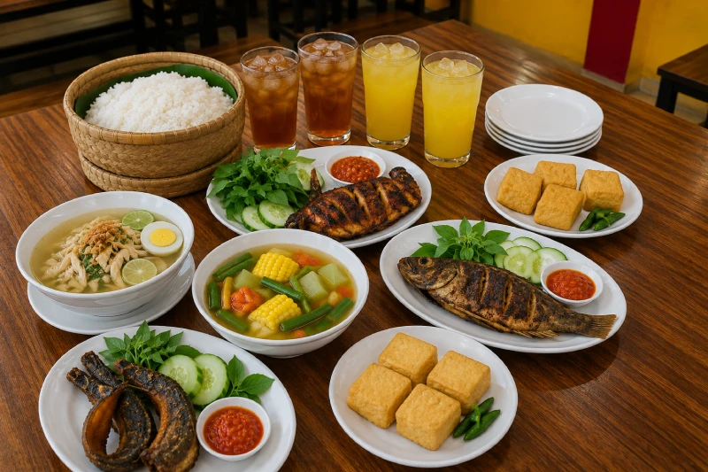Ragam menu Ayam Bakar Sugih meliputi ikan nila, lele, dan soto ayam